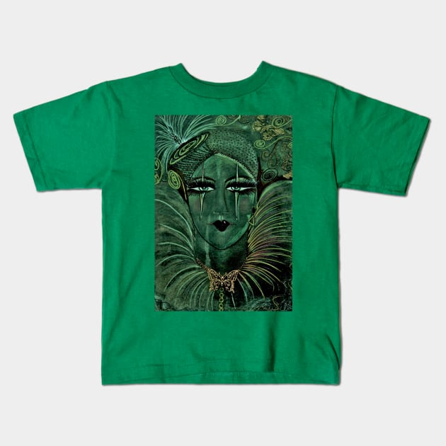 GREEN FRENCH CLOWN PIERROT PERFORMER, LIDO,PARIS GOLD METALLIC EMBELLISHMENTS Kids T-Shirt by jacquline8689